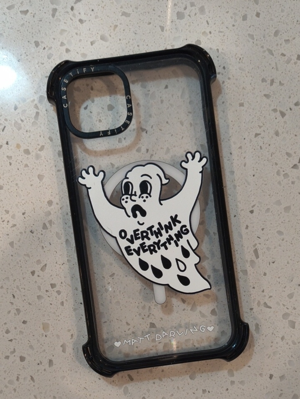 Casetify Black Clear Case with White 'Overthink Everything' Ghost Grip